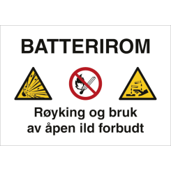 Batterirom skilt - Røyking og bruk av åpen ild forbudt - A4 - Refleks aluminium - Fareskilt