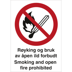 Forbudskilt - Røyking og bruk av åpen ild forbudt - Smoking and open fire prohibited