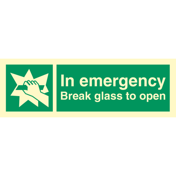In emergency break glass to open - IMO Emergency sign - IMPA 334187