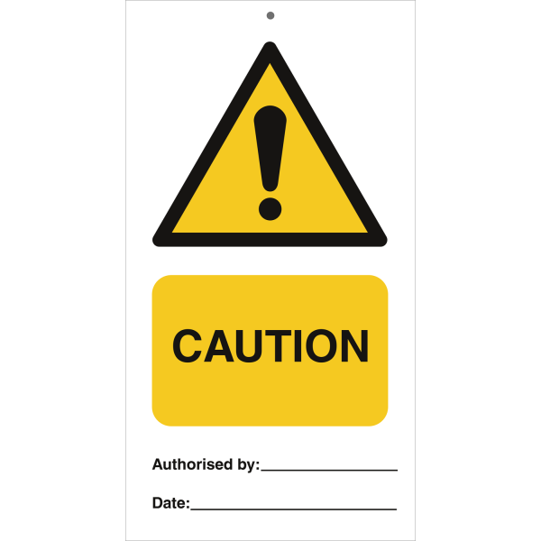 Tie tag - Caution - 140 x 75 mm, 0,2 mm rigid plast, förp. om 10 st