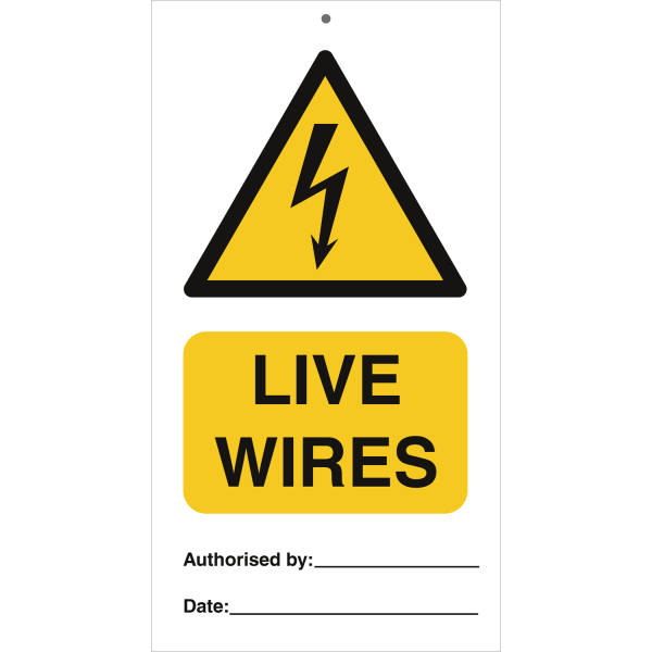 Tie tag - Danger live wires - 140 x 75 mm, 0,2 mm rigid plast, förp. om 10 st