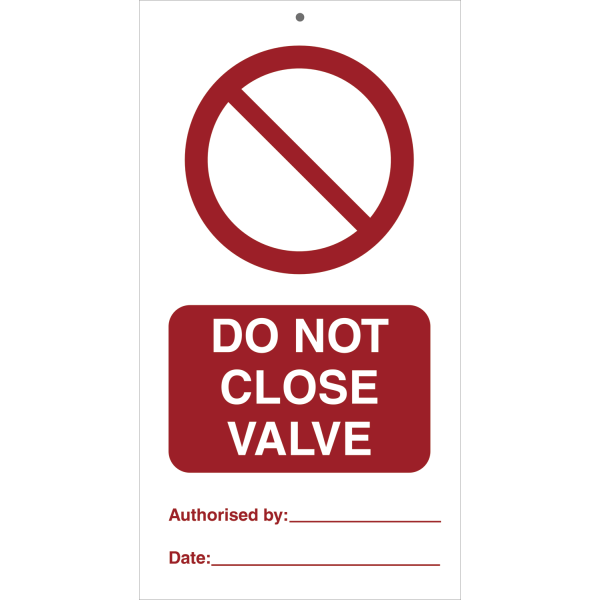 Tie tag - Do not close valve - 140 x 75 mm, 0,2 mm rigid plast, förp. om 10 st