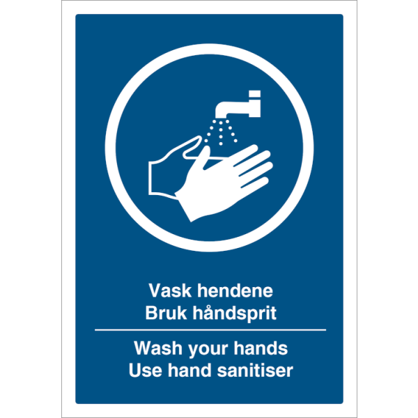 Vask hendene og bruk håndsprit NO/ENG - Påbudsskilt ISO 7010 M011