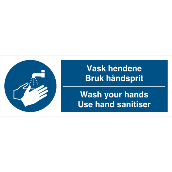 Vask hendene og bruk håndsprit NO/ENG - Påbudsskilt ISO 7010 M011