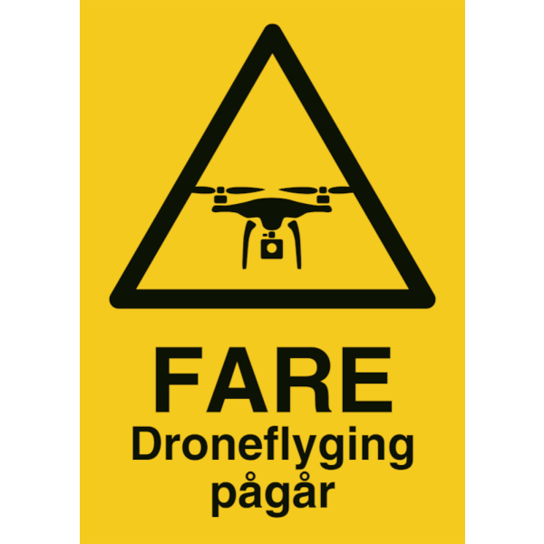 Droneflyging pågår - Fareskilt ISO 3864
