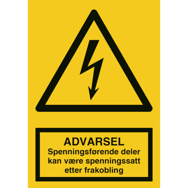 Advarsel spenningsførende deler kan være spenningssatt - Fareskilt ISO 7010 W012