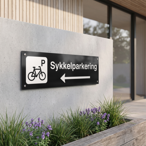 Sykkelparkering - svart henvisningsskilt med venstrepil, 150 x 500 mm 3 mm alu-sandwich