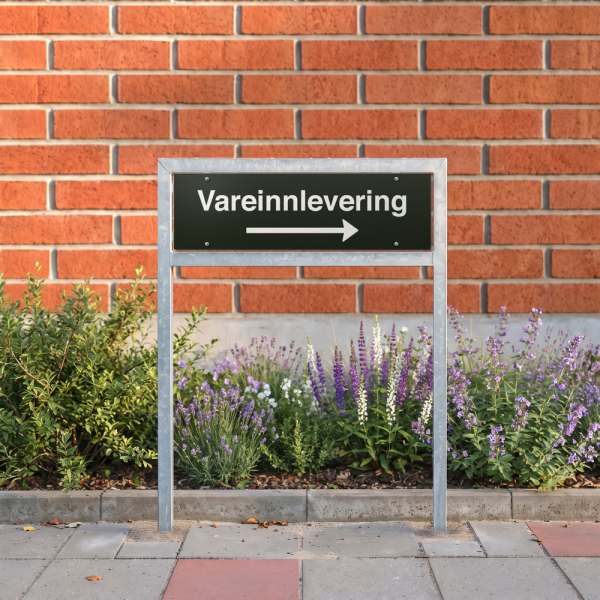 Vareinnlevering - svart henvisningsskilt med høyrepil, 150 x 500 mm 3 mm alu-sandwich