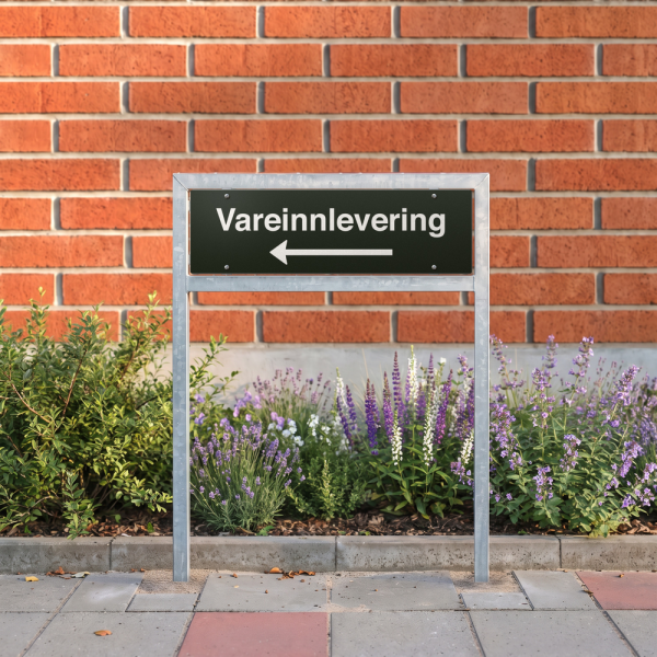 Vareinnlevering - svart henvisningsskilt med venstrepil, 150 x 500 mm 3 mm alu-sandwich