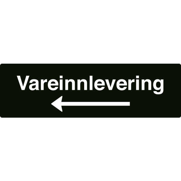 Vareinnlevering - svart henvisningsskilt med venstrepil, 150 x 500 mm 3 mm alu-sandwich