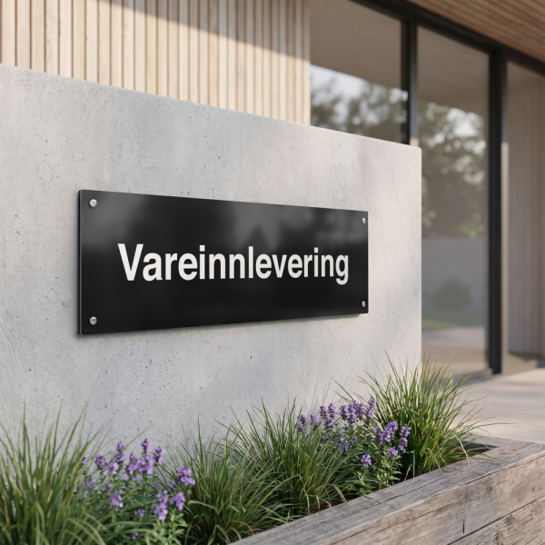 Vareinnlevering - svart henvisningsskilt uten pil, 150 x 500 mm 3 mm alu-sandwich
