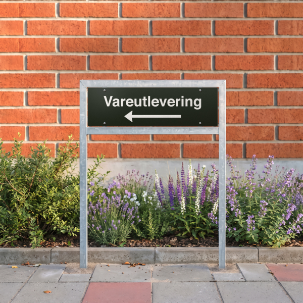 Vareutlevering - svart henvisningsskilt med venstrepil, 150 x 500 mm 3 mm alu-sandwich