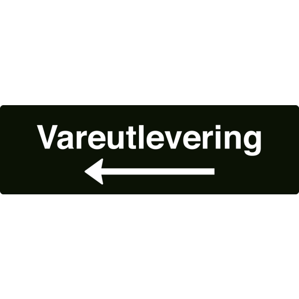 Vareutlevering - svart henvisningsskilt med venstrepil, 150 x 500 mm 3 mm alu-sandwich