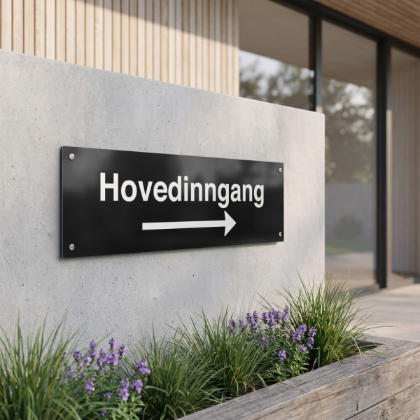 Hovedinngang - svart henvisningsskilt med høyrepil, 150 x 500 mm 3 mm alu-sandwich