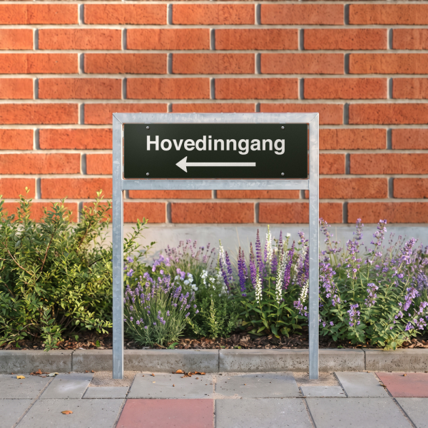Hovedinngang - svart henvisningsskilt med venstrepil, 150 x 500 mm 3 mm alu-sandwich