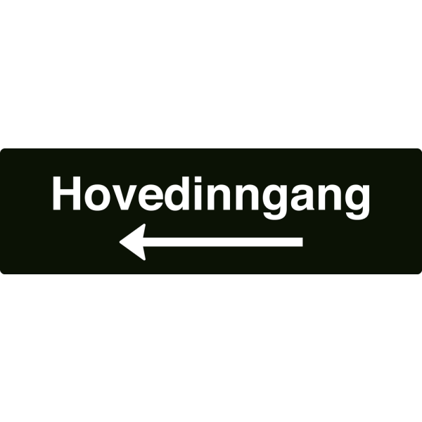 Hovedinngang - svart henvisningsskilt med venstrepil, 150 x 500 mm 3 mm alu-sandwich