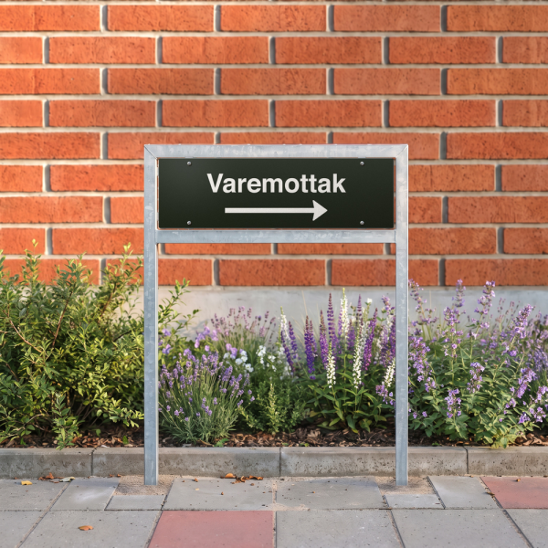Varemottak - svart henvisningsskilt med høyrepil, 150 x 500 mm 3 mm alu-sandwich