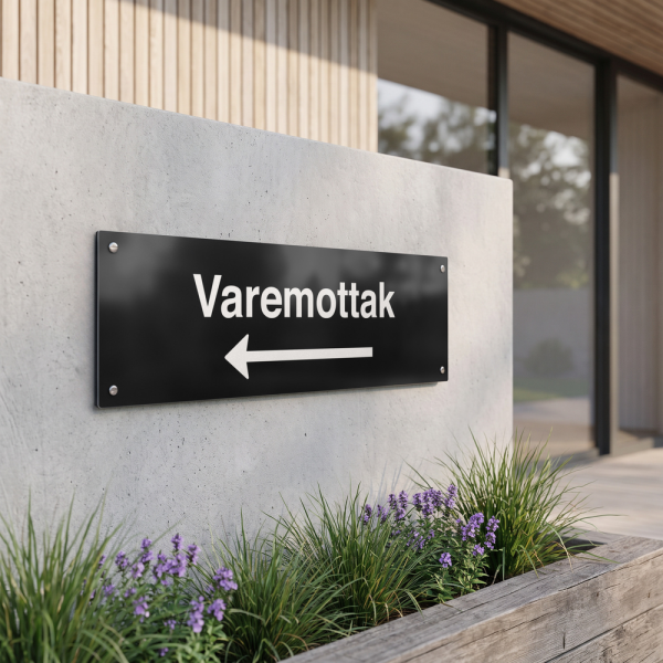Varemottak - svart henvisningsskilt med venstrepil, 150 x 500 mm 3 mm alu-sandwich