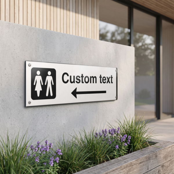 WC-skilt – hvitt henvisningsskilt med venstre pil og valgfri tekst, 150 x 500 mm 3 mm alu-sandwich