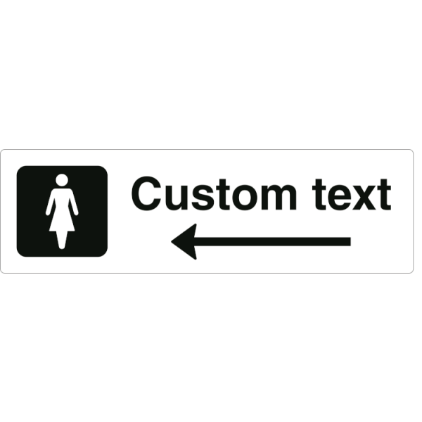 Kvinne-WC-skilt – hvitt henvisningsskilt med venstrepil og valgfri tekst, 150 x 500 mm 3 mm alu-sandwich
