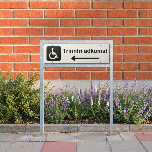 Trinnfri adkomst - hvit henvisningsskilt med venstrepil, 150 x 500 mm 3 mm alu-sandwich