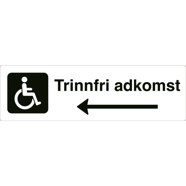 Trinnfri adkomst - hvit henvisningsskilt med venstrepil, 150 x 500 mm 3 mm alu-sandwich