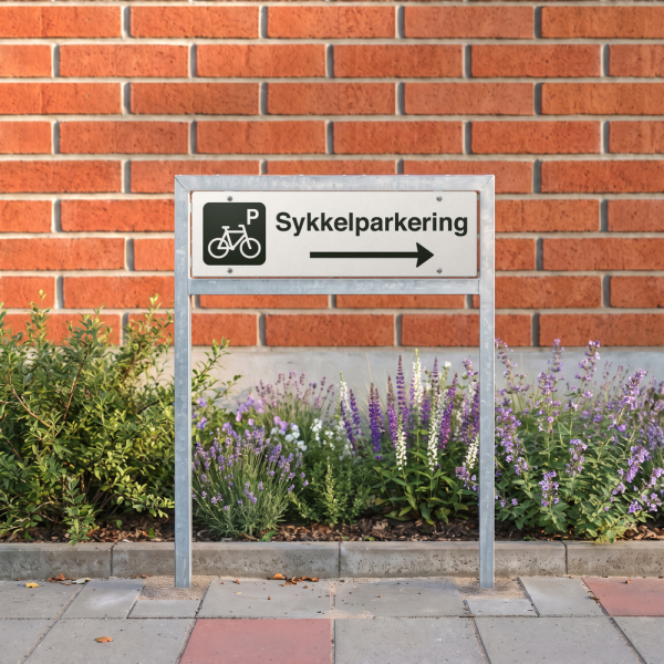 Sykkelparkering - hvit henvisningsskilt med høyrepil, 150 x 500 mm 3 mm alu-sandwich