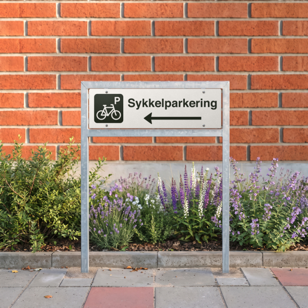Sykkelparkering - hvit henvisningsskilt med venstrepil, 150 x 500 mm 3 mm alu-sandwich