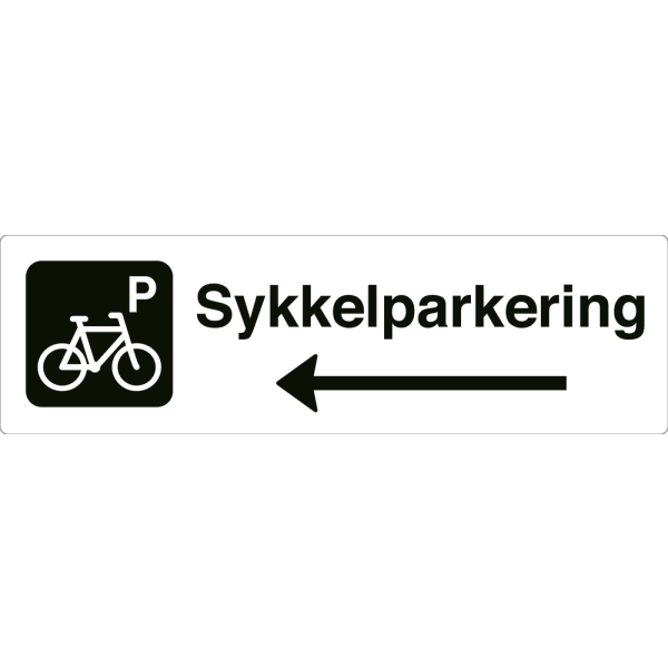 Sykkelparkering - hvit henvisningsskilt med venstrepil, 150 x 500 mm 3 mm alu-sandwich