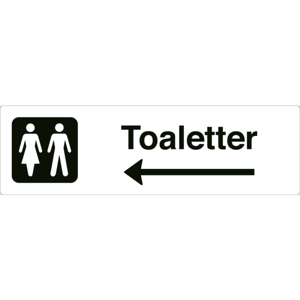Toaletter - hvit henvisningsskilt med venstrepil, 150 x 500 mm 3 mm alu-sandwich