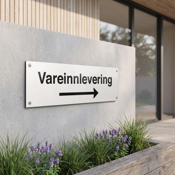 Vareinnlevering - hvit henvisningsskilt med høyrepil, 150 x 500 mm 3 mm alu-sandwich