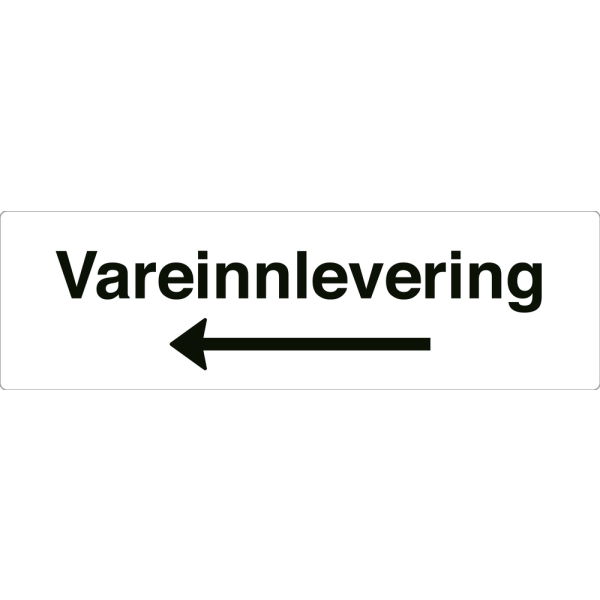 Vareinnlevering - hvit henvisningsskilt med venstrepil, 150 x 500 mm 3 mm alu-sandwich