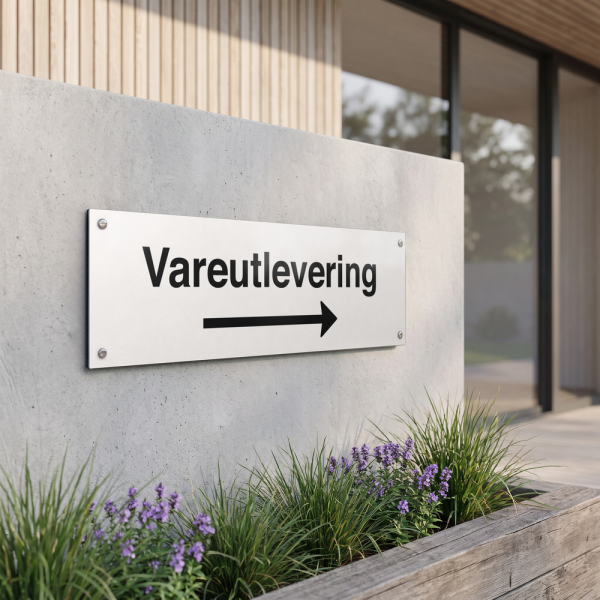 Vareutlevering - hvit henvisningsskilt med høyrepil, 150 x 500 mm 3 mm alu-sandwich