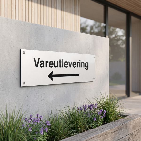 Vareutlevering - hvit henvisningsskilt med venstrepil, 150 x 500 mm 3 mm alu-sandwich