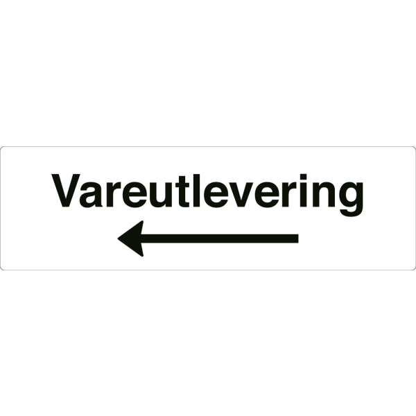 Vareutlevering - hvit henvisningsskilt med venstrepil, 150 x 500 mm 3 mm alu-sandwich