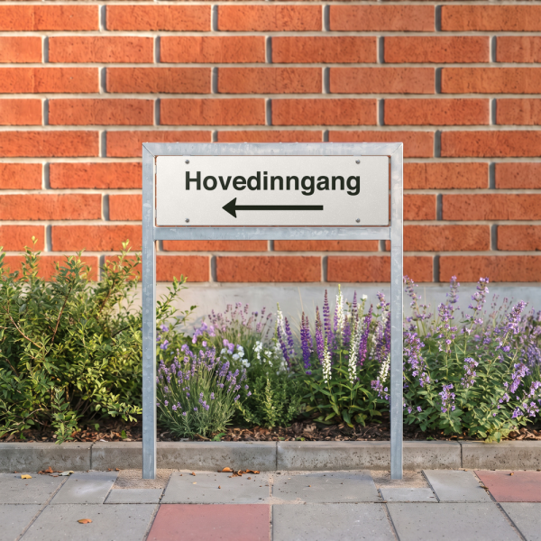 Hovedinngang - hvit henvisningsskilt med venstrepil, 150 x 500 mm 3 mm alu-sandwich