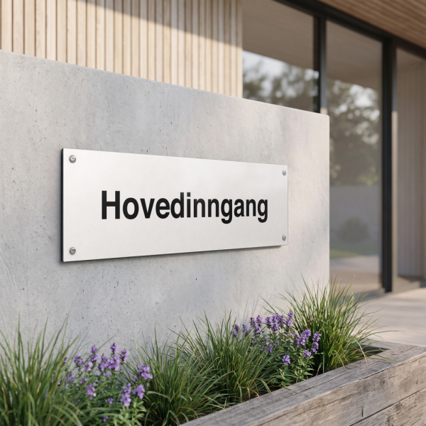 Hovedinngang - hvit henvisningsskilt uten pil, 150 x 500 mm 3 mm alu-sandwich