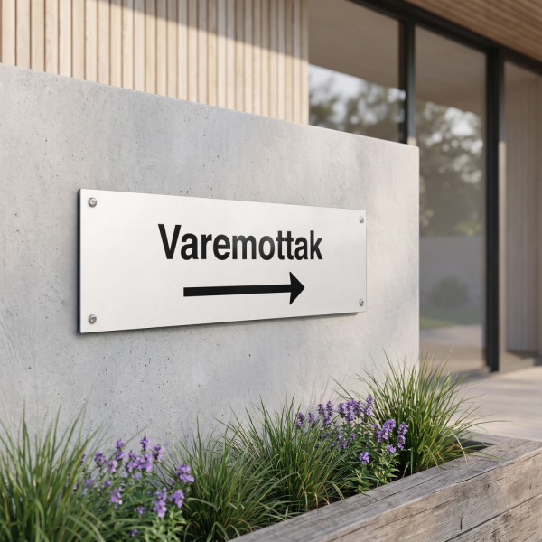 Varemottak - hvit henvisningsskilt med høyrepil, 150 x 500 mm 3 mm alu-sandwich