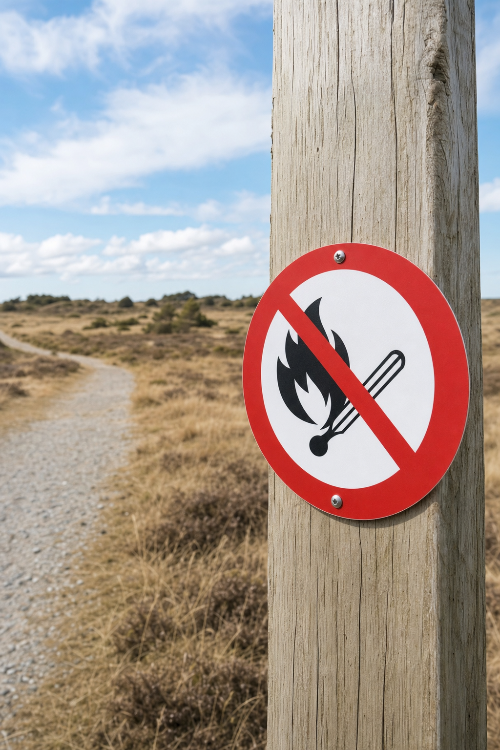 Forbudsskilt mot &aring;pen ild p&aring; trestolpe ved inngangen til et t&oslash;rt naturomr&aring;de