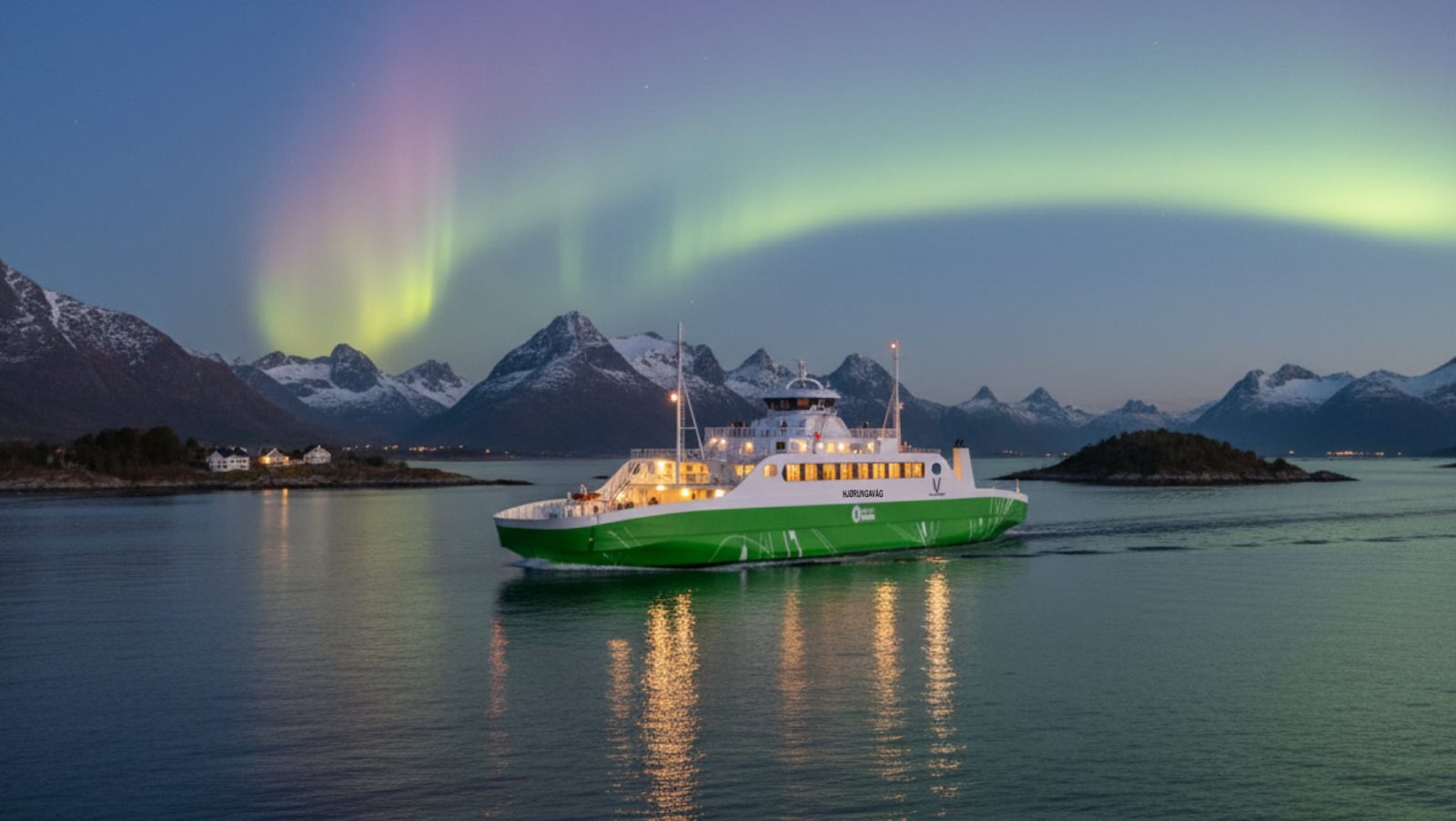 MF Hjørungavåg i fjorden med nordlys over de snødekte fjellene